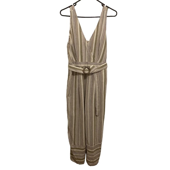 ALTAR'D STATE Linen Blend Neutral V-Neck Pocket Belted Midi-Jumpsuit Size L - Picture 2 of 9